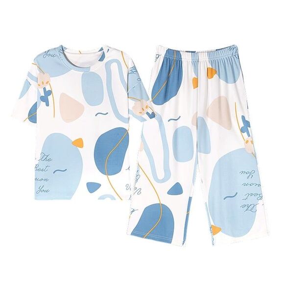 Cotton Women's Capri Pajama Set 2 Pcs Short Sleeve Top Capris pants Loungewear - Picture 1 of 9